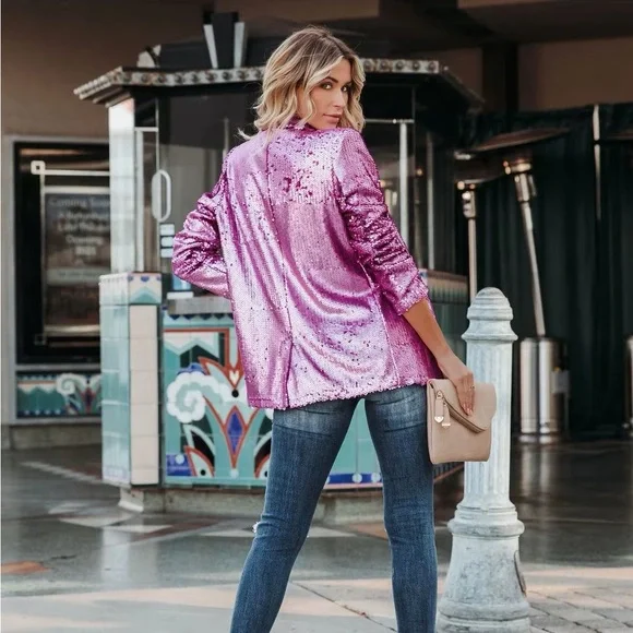 ❤️ NWT TCEC Showstopper Pink Sequin blazer Jacket size medium Valentine’s - Picture 3 of 11